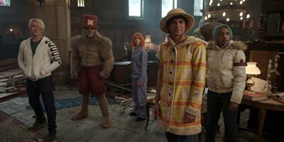 From left, Taz Skylar as Sanji, Gavin Gomes as Tony Tony Chopper Heavy Point, Emily Rudd as Nami, Inaki Godoy as Monkey D Luffy and Charithra Chandran as Miss Wednesday in season 2 of One Piece. Photo: Netflix