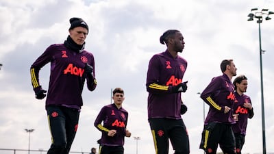 Scott McTominay, Daniel James, Aaron Wan-Bissaka, Nemanja Matic, and Edinson Cavani during training. Getty