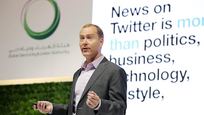 Peter Greenberger, global director for news partnerships at Twitter, addresses the Arab Media Forum in Dubai on Tuesday. Pawan Singh / The National