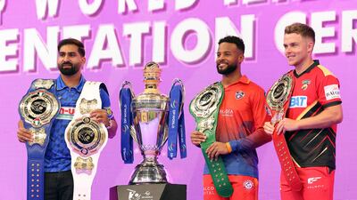 From left to right: MI Emirates’ Muhammad Waseem with the Blue Belt awarded to the best UAE player, Shai Hope with the Green Belt (best batter) and Sam Curran with the Red Belt as the most valuable player.