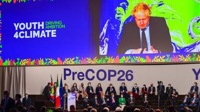 UK Prime Minister Boris Johnson and other global leaders address the Pre-COP 26 summit in Milan last month. AFP