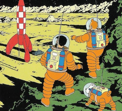 Tintin, Captain Haddock and canine sidekick Snowy suited up in the 1953 comic adventure Destination Moon