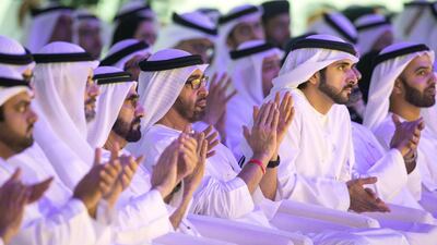 Sheikh Mohammed bin Rashid, Vice President and Ruler of Dubai (3rd L), and Sheikh Mohamed bin Zayed, Crown Prince of Abu Dhabi and Deputy Supreme Commander of the UAE Armed Forces (4th L), attend the UAE Government Annual Meeting at the St Regis Saadiyat. Seen with Sheikh Mohamed bin Hamad Al Sharqi, Crown Prince of Fujairah, Sheikh Sultan bin Mohamed Al Qasimi, Crown Prince of Sharjah, Sheikh Hamdan bin Mohammed, Crown Prince of Dubai, and Sheikh Mohamed bin Saud bin Saqr Al Qasimi, Crown Prince and Deputy Ruler of Ras Al Khaimah. Ryan Carter / Ministry of Presidential Affairs