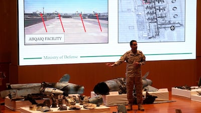 Saudi defence ministry spokesman Colonel Turki Al-Malik displays remains of the missiles which Saudi government says were used to attack an Aramco oil facility, during a news conference in Riyadh, Saudi Arabia September 18, 2019. REUTERS/Hamad I Mohammed