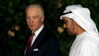 Sheikh Mohammed bin Zayed with Joe Biden at the Emirates Palace. Reuters
