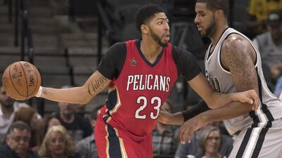 New Orleans Pelicans forward Anthony Davis (23) drives the lane against San Antonio Spurs forward LaMarcus Aldridge . Darren Abate / AP Photo