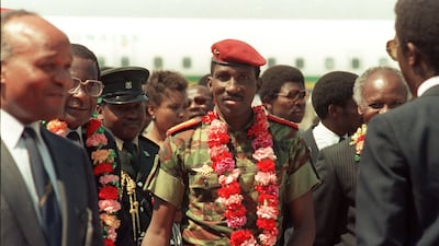 Sankara arrives in Harare, Zimbabwe for a summit of non-aligned countries, 1986. AFP