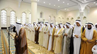 Sheikh Saud bin Rashid Al Mu’alla, Ruler of Umm Al Qaiwain, leads Eid Al Fitr prayers at the Sheikh Zayed Mosque in Umm Al Qaiwain. Photo Courtesy WAM