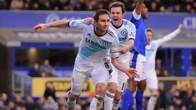 Two goals against Everton at Goodison Park yesterday for Frank Lampard, front, took his tally of goals for Chelsea up to 192 - 10 short of Bobby Tambling's club record. Michael Regan / Getty Images