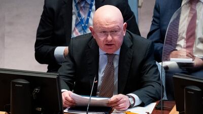 Vasily Nebenzya, Russia's UN representative, speaks during a meeting of the Security Council. AP