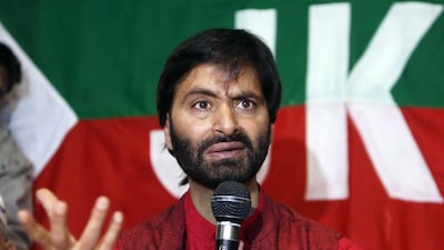 Muhammad Yasin Malik, leader of the Jammu Kashmir Liberation Front, addresses a news conference in Srinagar on April 8, 2015, at which he called for protests against developing townships for the displaced Kashmiri Pandits. Farooq Khan / EPA