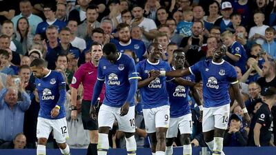 Everton's Arouna Kone, third right, celebrates scoring in the League Cup on Tuesday. Pete Byrne / AP