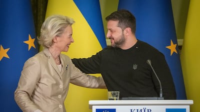 European Commission President Ursula von der Leyen meeting Ukrainian President Volodymyr Zelenskyy on Saturday. AP