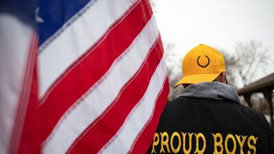 A member of the Proud Boys at a rally in Ortonville, Michigan. Reuters