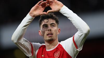 Kai Havertz celebrates scoring Arsenal's second goal in their 2-0 Premier League win over Brighton at the Emirates Stadium on December 17, 2023. Getty Images