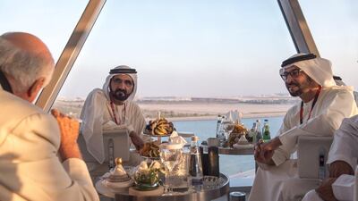 Sheikh Mohammed bin Rashid and Sheikh Hamdan bin Zayed, Ruler’s Representative in the Western Region of Abu Dhabi attend a reception at Shams Tower ahead of the Abu Dhabi Grand Prix. Rashed Al Mansoori / Crown Prince Court — Abu Dhabi