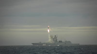 A hypersonic Zircon cruise missile is fired from the Russian guided missile frigate 'Admiral Gorshkov' during a test in the Barents Sea on May 28, 2022. Russian Defence Ministry