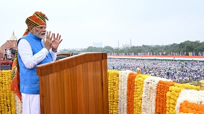 Narendra Modi speaks during the nation's Independence Day ceremony at Red Fort in New Delhi. Bloomberg