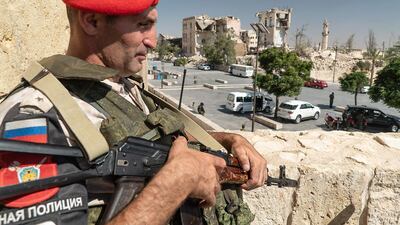 Russian military police officer in the citadel of Aleppo. AFP