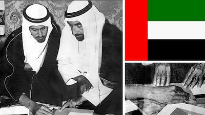 Sheikh Zayed and Ahmed Al Suwaidi confirm the final design of the UAE Flag in 1971. Photo: Dr Hamed Bin Mohamed Al Suwaidi