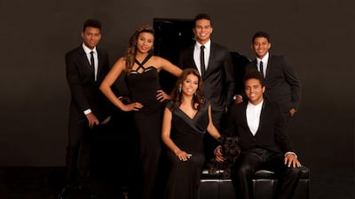 From left to right: Jaafar Jackson, Genevieve Jackson, Alejandra Jackson, Randy Jackson Jr, Donate Jackson (with dog) and Jermajesty Jackson from Living with the Jacksons on Reelz. Courtesy Reelz