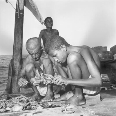 Pearl divers in Bahrain opening oyster shells in 1969. Caltex/Three Lions/Getty Images