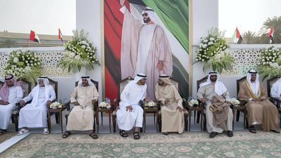(2nd L-R) Sheikh Nahyan bin Mubarak, Sheikh Suroor bin Mohammed, Sheikh Mohammed bin Zayed, Sheikh Mohammed bin Rashid, and Mohammed Al Bowardi, attend the wedding reception of Mohammed Al Bowardi (2nd R), at the Armed Forces Officers Club. Mohammed Al Hammadi / Crown Prince Court - Abu Dhabi