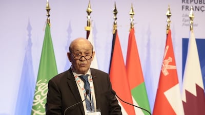 Afalula chairman and former French defence minister Jean-Yves Le Drian speaks at Vision Golfe on Wednesday. Photo: Business France