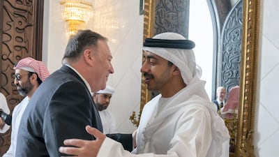 Sheikh Abdullah bin Zayed, the UAE's Minister of Foreign Affairs and International Co-operation (R), welcomes Mr Pompeo prior to the Sea Palace meeting. Mohamed Al Hammadi / Ministry of Presidential Affairs
