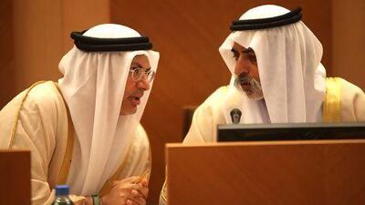 Dr Anwar Mohammed Gargash, Minister of State for Foreign Affairs, with Sheikh Nahyan bin Mubarak Al Nayhan at an FNC meeting. Fatima Al Marzooqi / The National