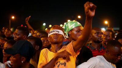 A demonstrator wearing a blindfold with an inscription "End Sars", gestures during a protest against alleged police brutality in Lagos, Nigeria. Reuters
