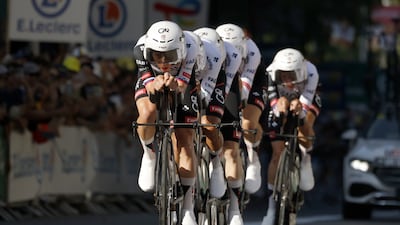 Tadej Pogacar leads the UAE Team Emirates-XRG charge during the Tour de France 2026 Stage 1 time-trial. EPA / YOAN VALAT
