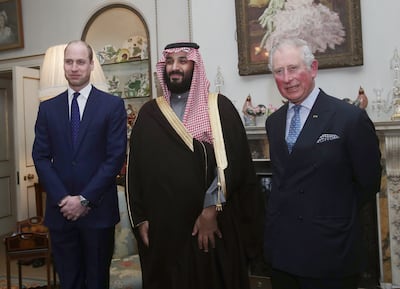 Saudi Crown Prince Mohammed bin Salman with Prince William and his father, then Prince Charles, during a visit to the UK in 2018. Getty Images