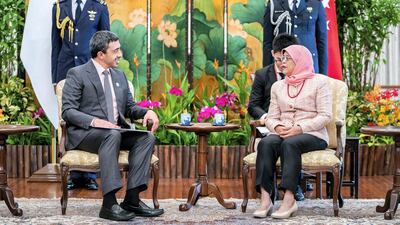 Sheikh Abdullah bin Zayed, UAE Minister of Foreign Affairs, meets the President of Singapore, Halimah Yacob. WAM