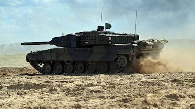 A Danish army tank on exercise in Poland. Europe is seeking to rearm quickly, but in parts is held back by cash, industrial capacity and political will. EPA