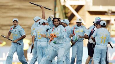 MS Dhoni and his India teammates celebrates their victory over Pakistan in the final of the inaugural ICC Twenty20 World Cup in Johannesburg, South Africa. (Photo by Duif du Toit/Getty Images)