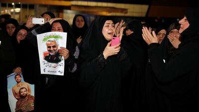 Iranian mourners react upon the arrival of bodies of the Iranian Major-General Qassem Suleimani, head of the elite Quds Force, and the Iraqi militia commander Abu Mahdi Al Muhandis, who were killed in an air strike at Baghdad airport, at Ahvaz international airport, in Ahvaz, Iran. Reuters