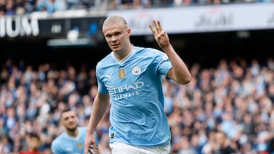 Manchester City's Erling Haaland celebrates scoring their third goal to complete his hat-trick. PA