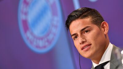epa06083032 Bayern Munich's new player James Rodriguez is presented during a press conference in Munich, Germany, 12 July 2017. German Bundesliga soccer club Bayern Munich announced on 11 July 2017 James Rodriguez comes from Spain's Real Madrid on a two-year loan. EPA/LUKAS BARTH