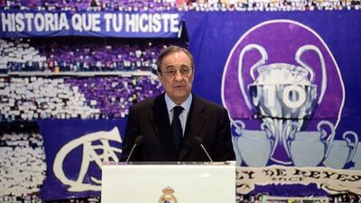 President of Real Madrid football team, Florentino Perez gives a news conference to present Rafael Benitez as the team's new coach at the Santiago Bernabeu stadium in Madrid on June 3, 2015. AFP PHOTO / PIERRE-PHILIPPE MARCOU