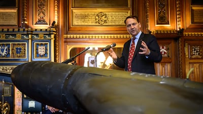 Radek Sikorski with an Iranian-made Shahed-136 attack drone used by Russia to attack Ukraine. Getty Images