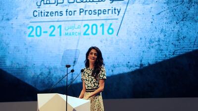 Amal Alamuddin Clooney, writer, human rights activist, talks during the opening ceremony of the International Government Communications Forum in Sharjah, United Arab Emirates, Sunday, March 20, 2016. (AP Photo/Kamran Jebreili)