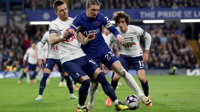 Conor Gallagher of Chelsea in action against Giovani Lo Celso, left, of Tottenham. EPA