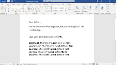 The five fonts that were in contention in 2021 to be the new Microsoft default font. Photo: Microsoft