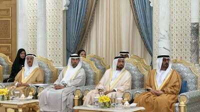 Sultan bin Saeed Al Mansouri, UAE Minister of Economy, Suhail bin Mohamed Faraj Faris Al Mazrouei, UAE Minister of Energy, Sultan bin Saeed Al Badi, UAE Minister of Justice and HE Hussain Ibrahim Al Hammadi, UAE Minister of Education, attend a meeting with President Jeenbekov. Hamad Al Mansoori / Ministry of Presidential Affairs