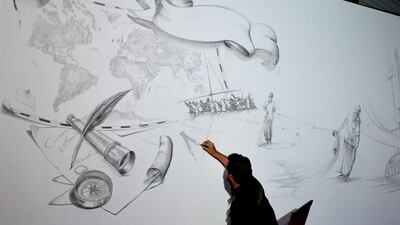 Rémi sketches out his giant Mural at Abu Dhabi’s Volvo Ocean Race Destination Village. Courtesy BM