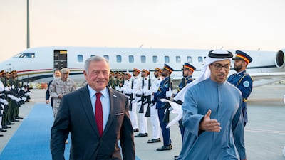 Sheikh Mansour receives King Abdullah at Al Maktoum International Airport