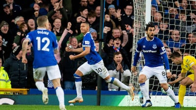 Richarlison, centre, scored the first goal and won the penalty which led to the second in Everton's 2-0 win over Chelsea. EPA