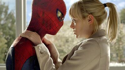 Andrew Garfield, left, and Emma Stone in a scene from The Amazing Spider-Man 2. Courtesy Marvel Enterprises