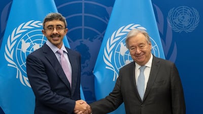 Sheikh Abdullah bin Zayed, Deputy Prime Minister and Minister of Foreign Affairs, with Antonio Guterres, UN Secretary General, in New York City. Photo: UN